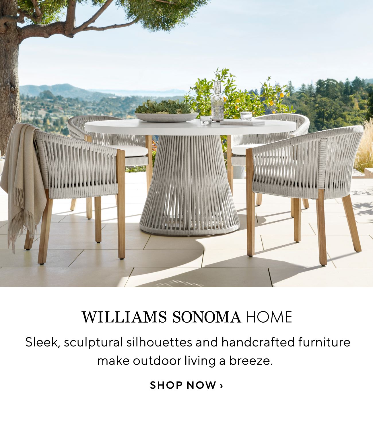  WILLIAMS SONOMA HOME Sleek, sculptural silhouettes and handcrafted furniture make outdoor living a breeze. SHOP NOW 