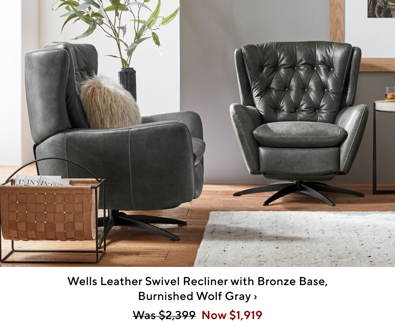 Wells Leather Swivel Recliner with Bronze Base, Burnished Wolf Gray Was$2.399 Now $1,919 